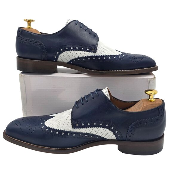 Paul Fredrick Navy Blue White Leather Wingtip Derby Oxfords Mens 8 Dress Shoes - Picture 6 of 10